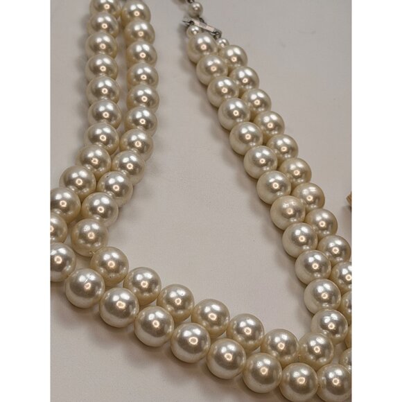 Signed JAPAN Double Strand Faux Pearl Necklace With Rhinestone Clasp - 20" Elega - Picture 7 of 12